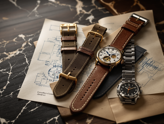 Vintage leather, NATO, and metal watch straps on marble surface with blueprint background