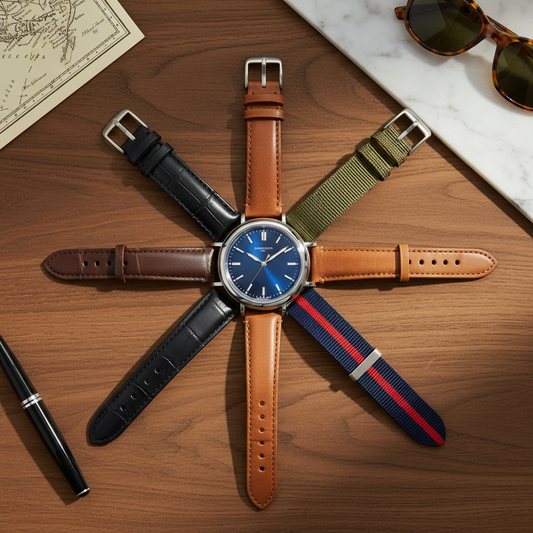 Luxury wristwatch with multiple interchangeable straps — leather, NATO, and rubber — arranged radially on a wooden surface with stylish props.