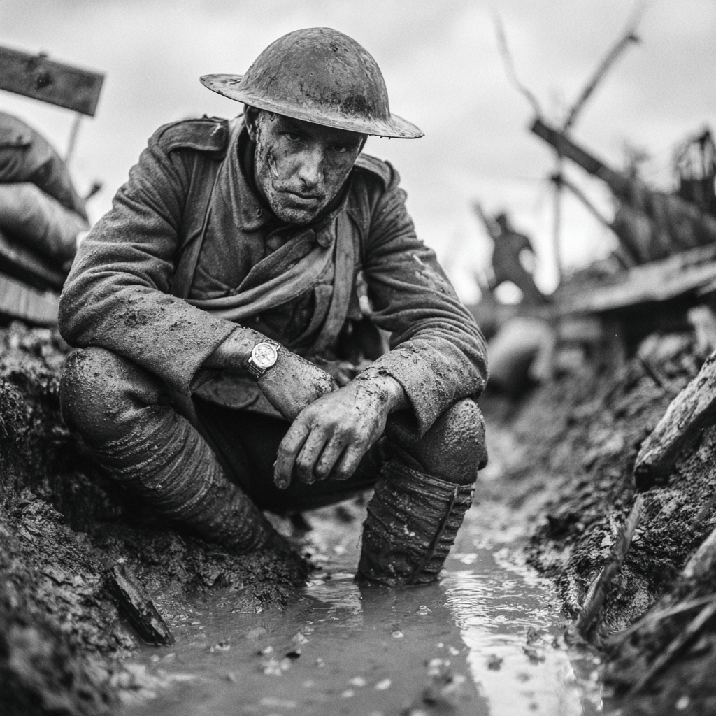 Black and white photo of a WWI soldier in a trench looking at an early wristwatch with a leather strap.