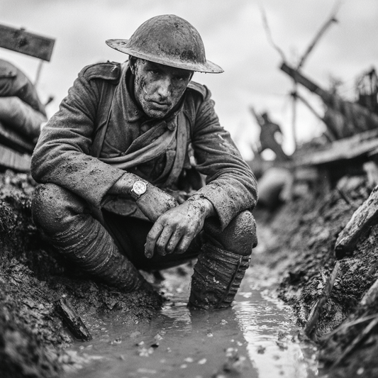 Black and white photo of a WWI soldier in a trench looking at an early wristwatch with a leather strap.