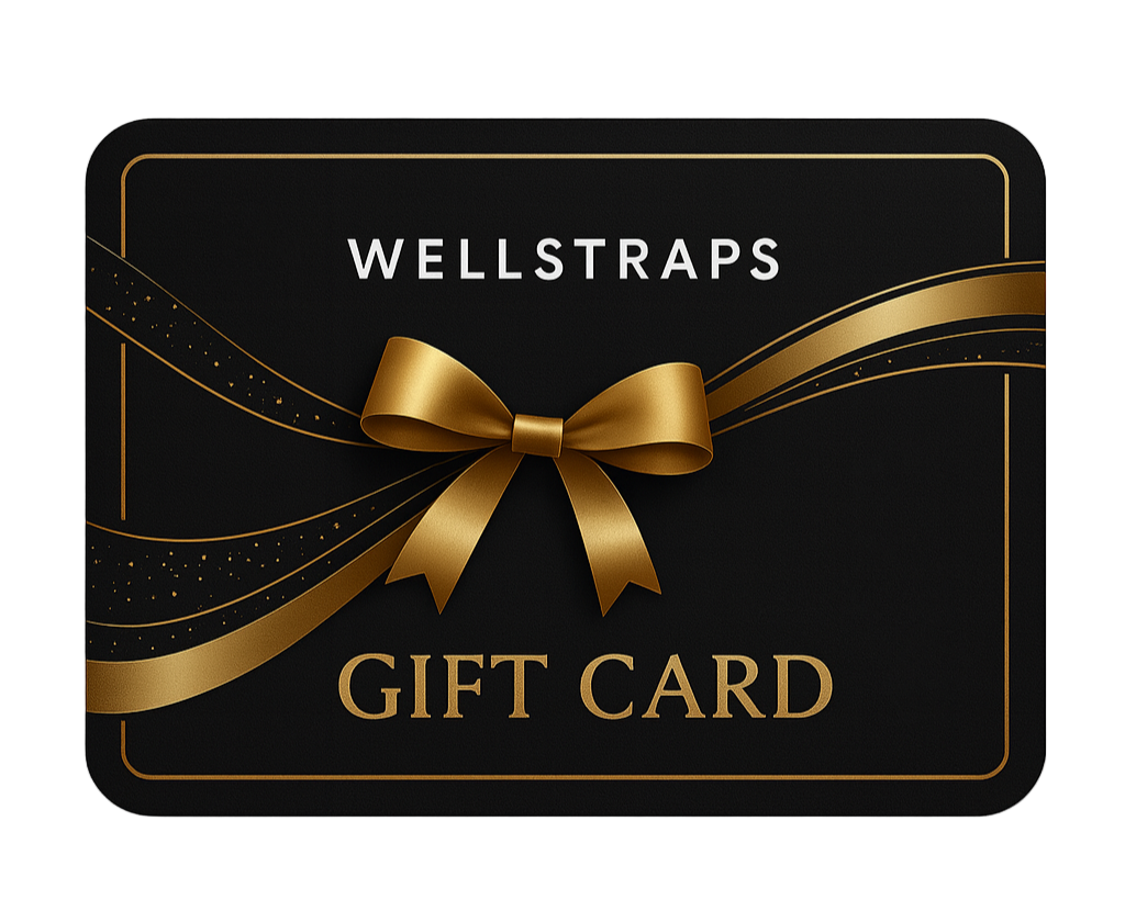 Wellstraps gift card with a gold bow on a black background