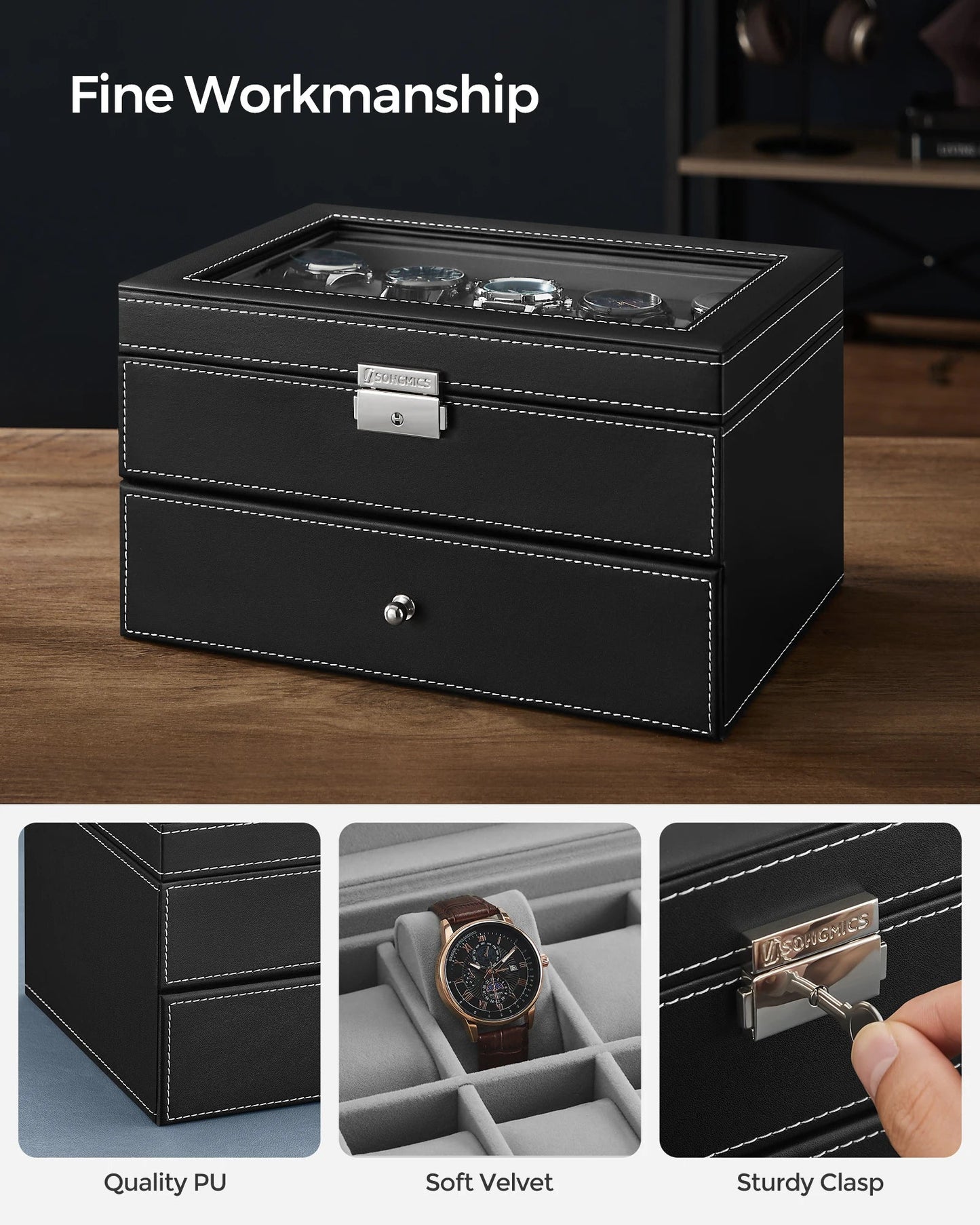 Watch Storage Box – 12 Slots – Black Leather | Wellstraps™ Wellstraps Boxes