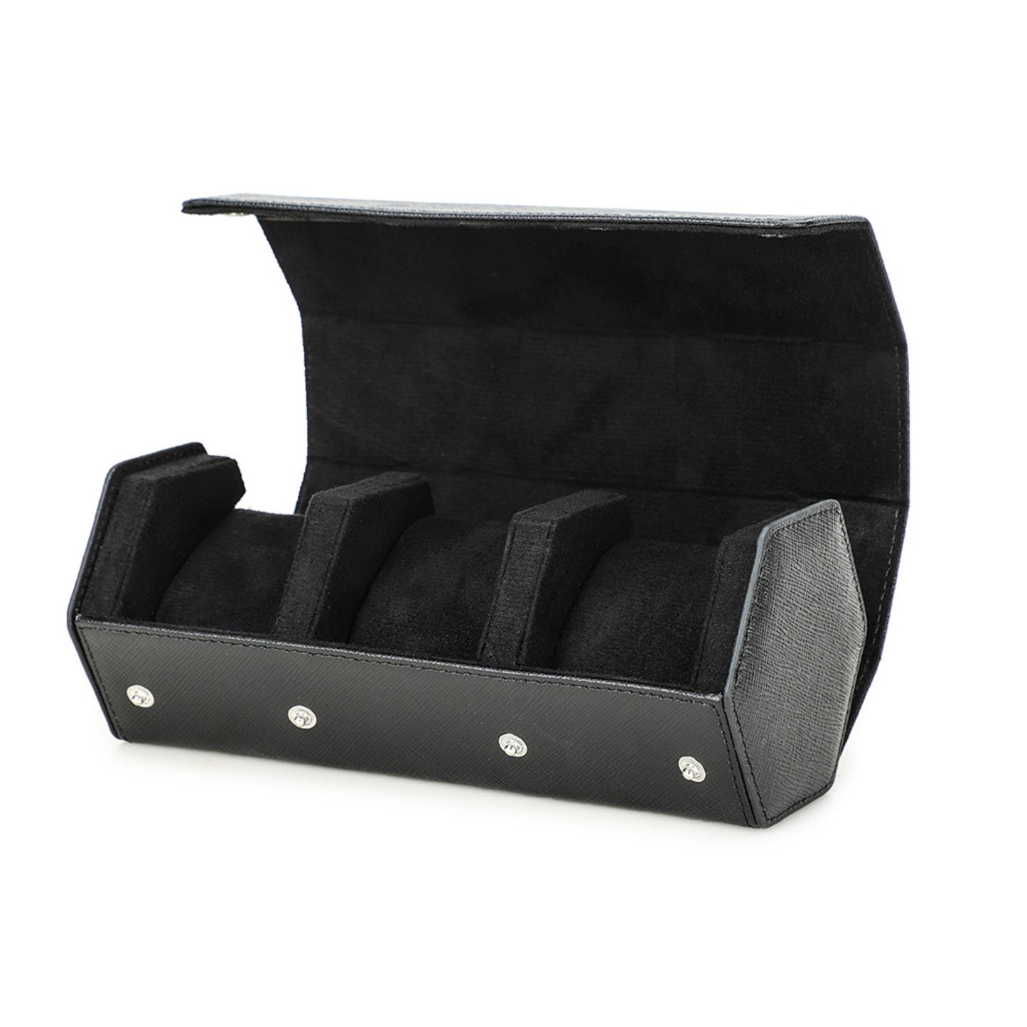 Travel Watch Roll in Black Leather – 3 Slots Wellstraps Boxes