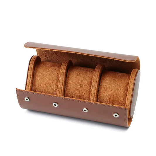 Travel Watch Roll in Brown Leather – 3 Slots Wellstraps Boxes