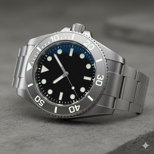 Stainless steel diver watch with readable rotating bezel and luminous markers, editorial close-up for watch industry news