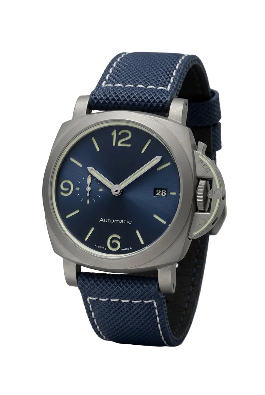 Wristwatch with blue strap on a black background, featuring text and icons.