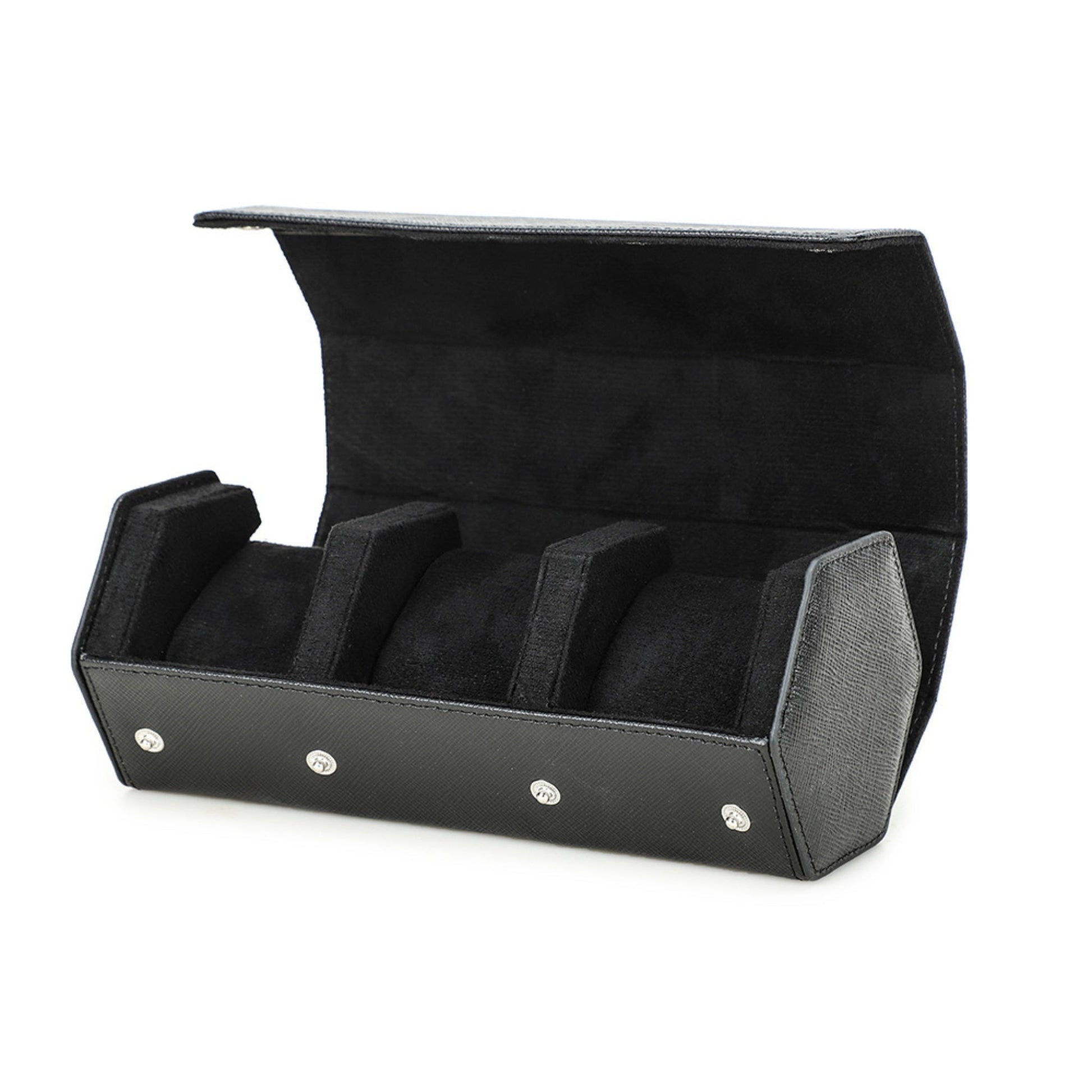 Travel Watch Roll in Black Leather – 3 Slots Wellstraps Boxes
