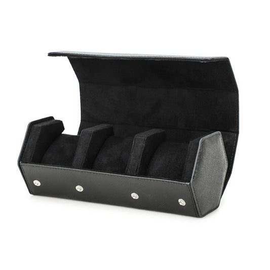 Travel Watch Roll in Black Leather – 3 Slots Wellstraps Boxes
