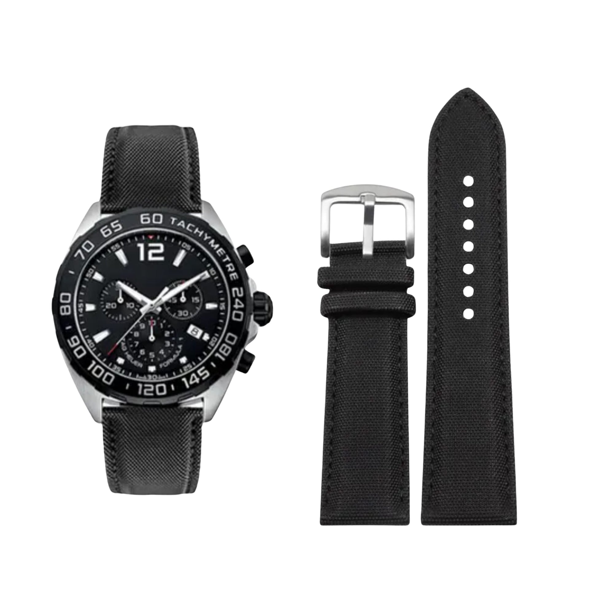 Black watch with detailed face and black strap on a white background
