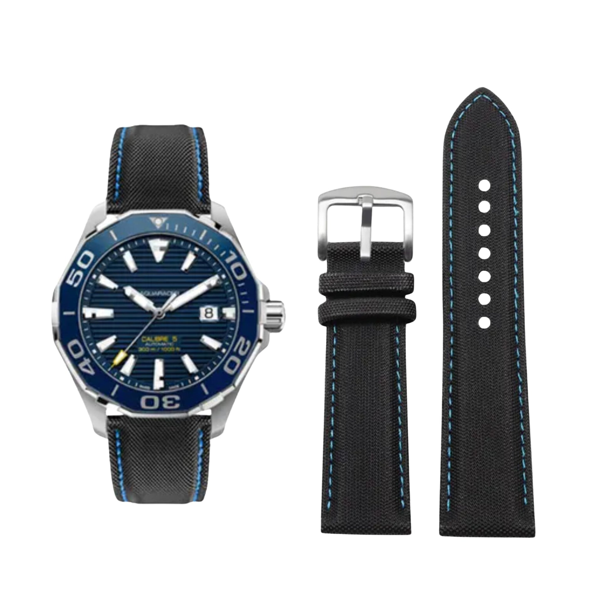 Watch with blue face and black strap, accompanied by a separate black strap on a white background
