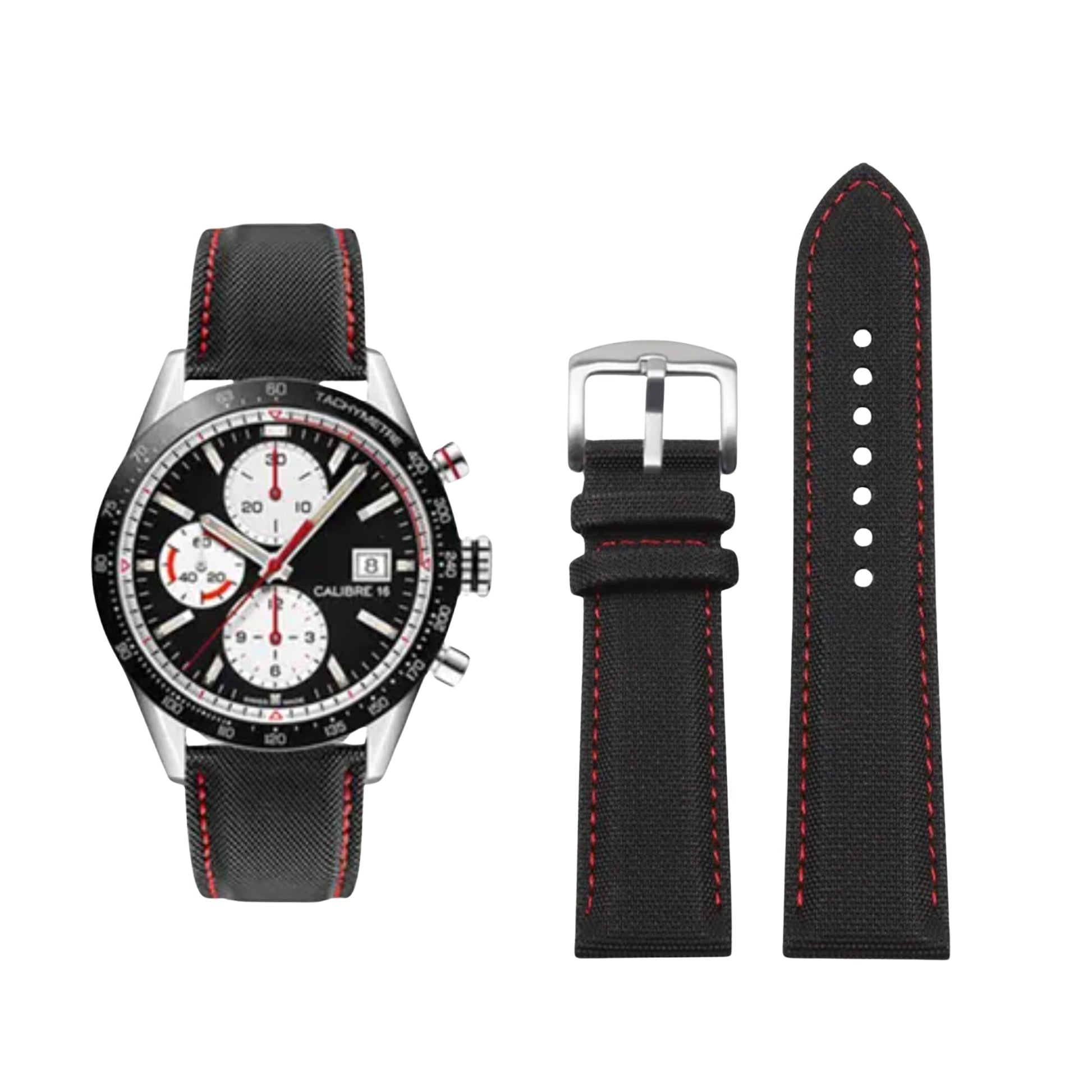 Black watch with red stitching and additional black strap on a white background