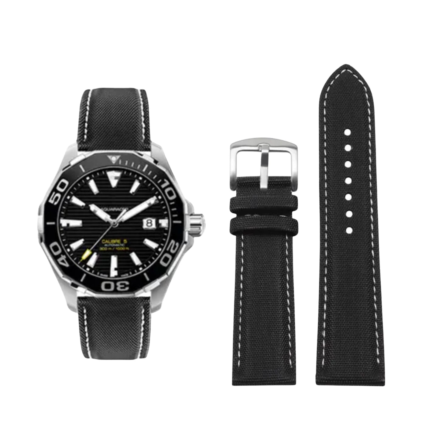 Black watch with a strap on a white background