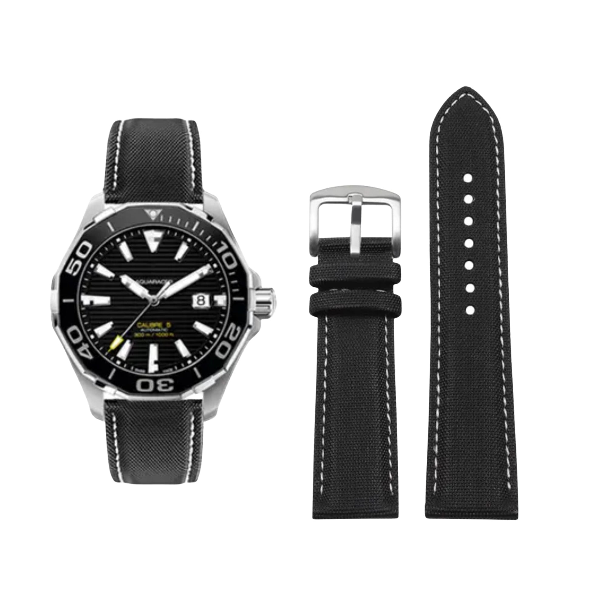Black watch with a strap on a white background